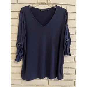 Susan Graver Every Day Liquid Knit Top D-Ring‎ Sleeve Shirt Navy Size Medium